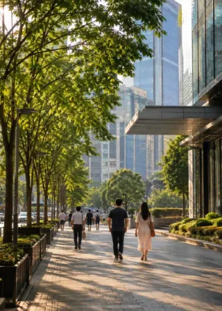 阳光下的现代城市街道与行人